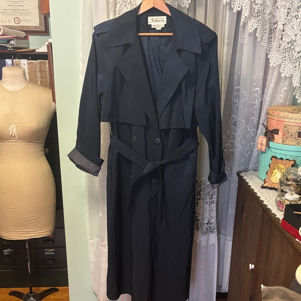 Vintage Talbots Classic Navy Blue Double Breasted Lined Belt Trench Coat 14